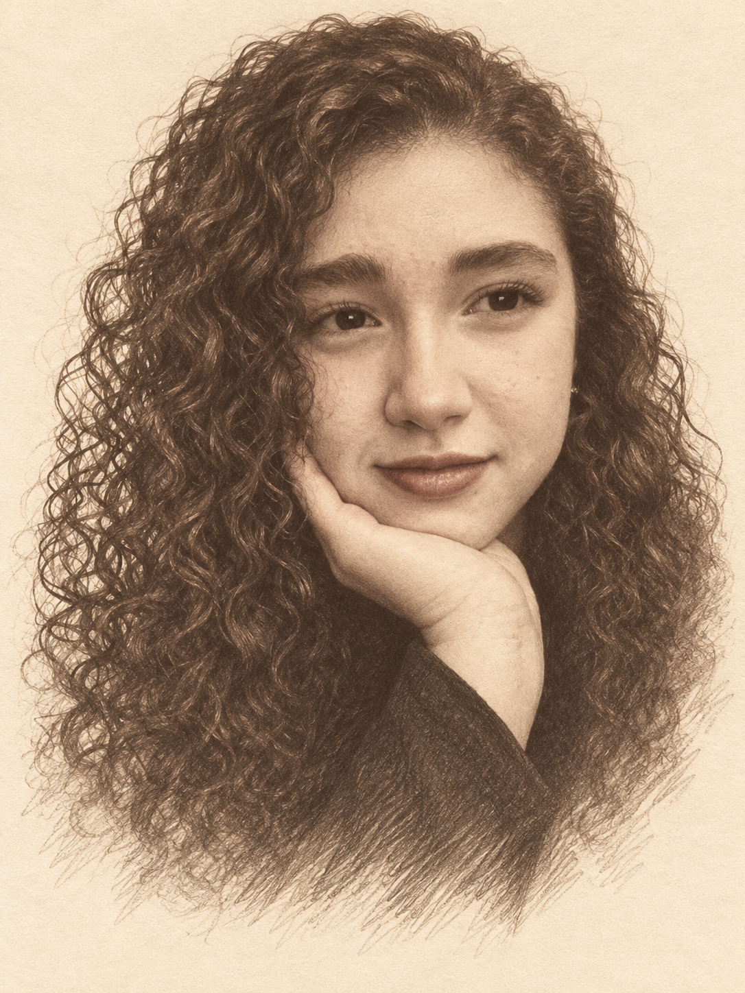 Retrato de Raíssa desenhado a lápis sépia, com o rosto apoiado na mão
